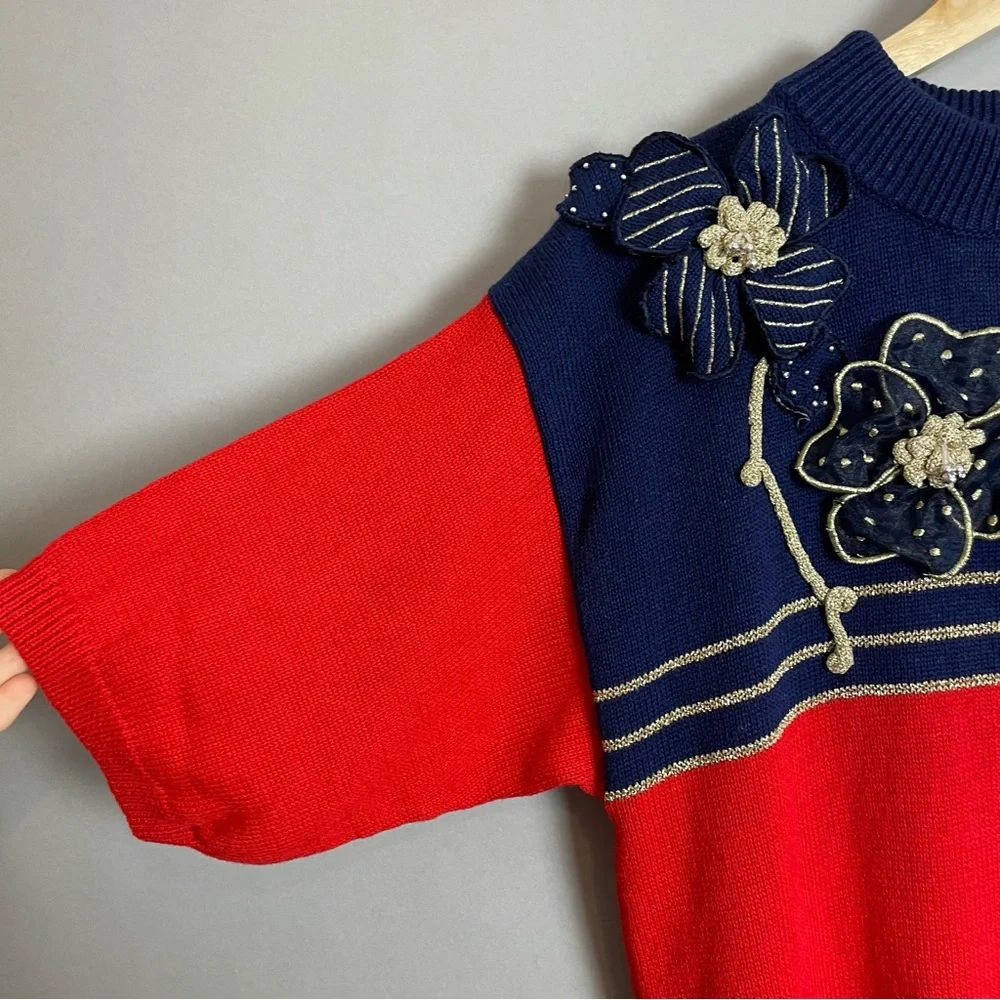 Vintage Sweater‎ Short Sleeves 4th of July America Embellished Flowers Red Blue